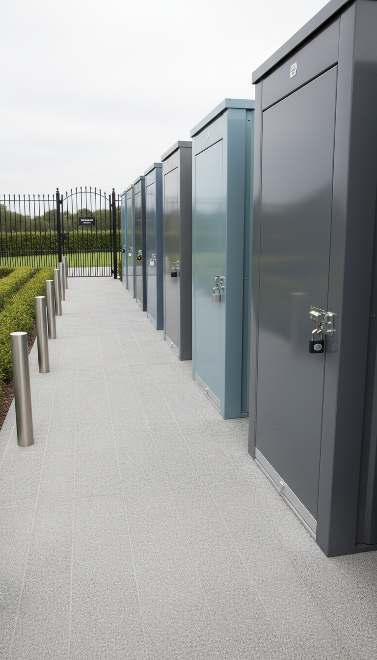 A row of uniform, pristine storage containers in various muted shades of gray and blue, each featuring solid reinforced padlock hasps and unique private locks. The containers extend along a freshly swept, gravel-paved pathway on a gated storage lot, flanked by evenly spaced bollards and low, manicured shrubbery. Overhead, bright but soft overcast lighting diffuses across the area, reducing glare and producing gentle, inviting shadows. The mood is organized and reassuring, emphasizing safety and accessibility. Shot from an eye-level angle with a subtle rule-of-thirds composition, the scene feels clean, balanced, and intentionally structured. The aesthetic aligns with a corporate, photographic style, reinforcing professionalism and the business’s reliable storage solutions.
